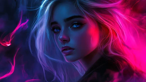 Neon lit portrait captures a luminous, enigmatic young woman