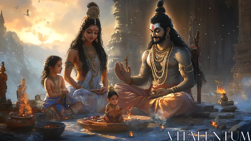 Devoted divine family shares peaceful rituals at sunrise