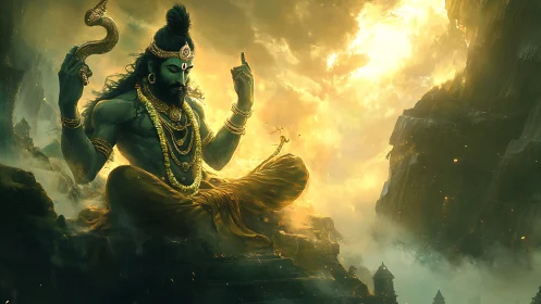 Divine mountain yogi in golden stormlit celestial valley.