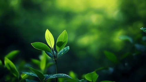 New leaves catch morning light over deep green bokeh.