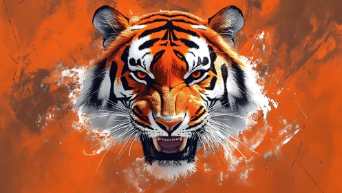 Aggressive tiger head rendered with high-contrast digital brushwork