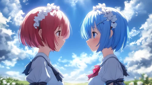 Twin anime girls share quiet skylit meadow standoff