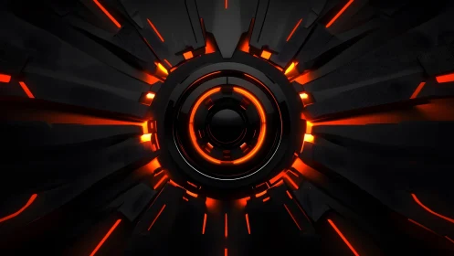Futuristic glowing black and red circular tech abstract background.