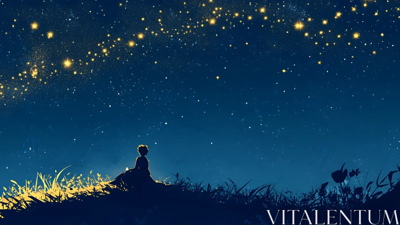 Child silhouette watches golden constellations under night sky.