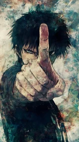 Intense anime hero points forward with gripping determination