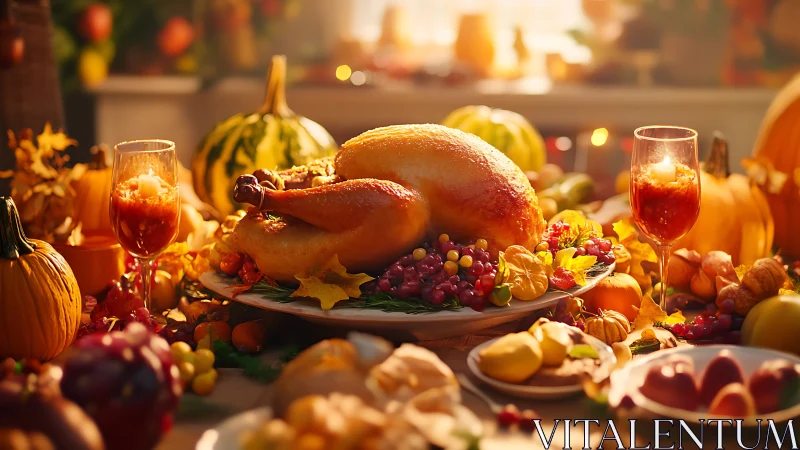 Golden roast turkey crowns a glowing autumn harvest table