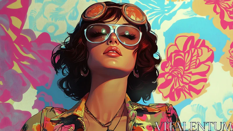 Woman wearing sunglasses stands before colorful floral wall