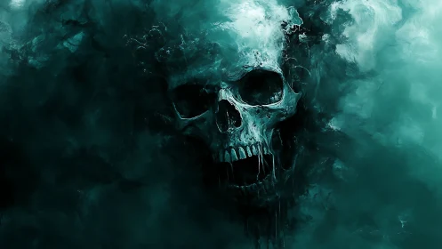 Eroded spectral skull emerges from teal mist with viscous drips