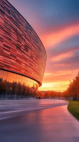 Photorealistic curved glass pavilion at radiant sunset horizon.