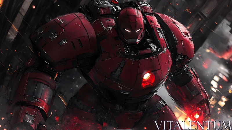 Heavily armored red exosuit advancing through urban inferno.