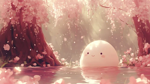 Kawaii marshmallow spirit beneath luminous cherry blossoms.