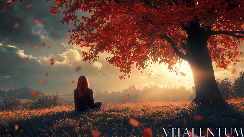 Quiet autumn sunset invites gentle reflection beneath tree