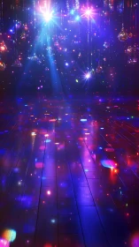 Glitterfloor ballroom drenched in cosmic neon starlight.