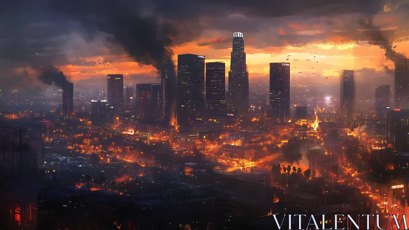 Burning dusk over dystopian highrise metropolis skyline.