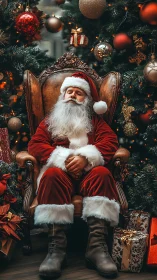 Santa Claus rests in ornate chair amid glowing tree lights.