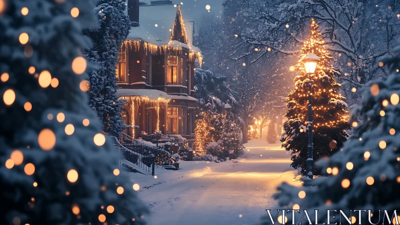 Snowy residential street with warm Christmas house lights.