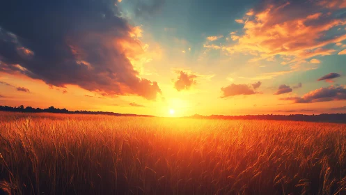 Golden wheat field glows under dramatic sunset sky.