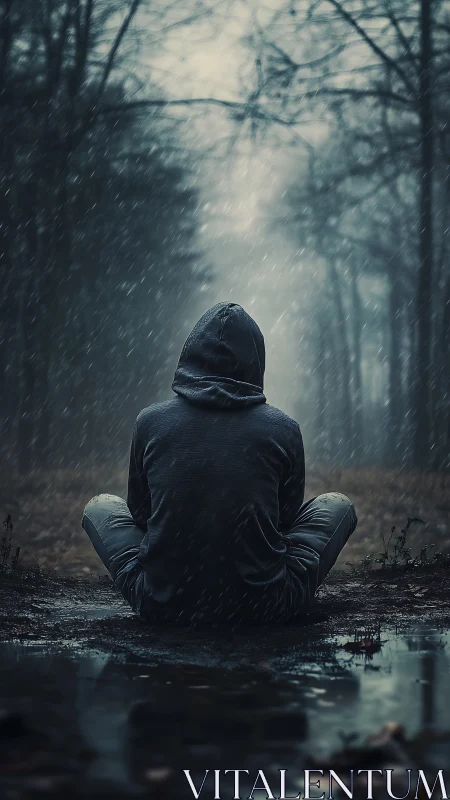 Solitary hooded figure sitting in rainy, dark forest path.