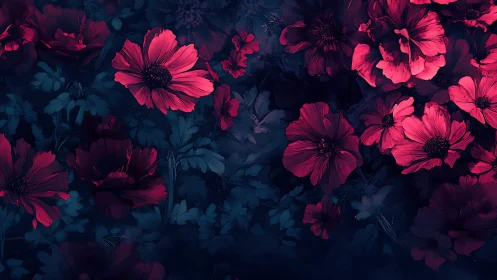 Luminous Cosmos: Neon Pink Flowers in Midnight Garden