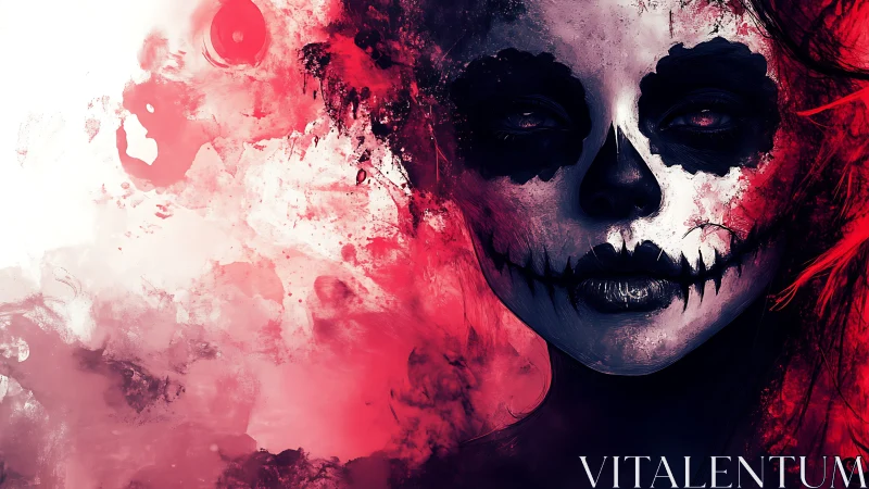 Digital painting portrait with skull mask and red vapor bleed.