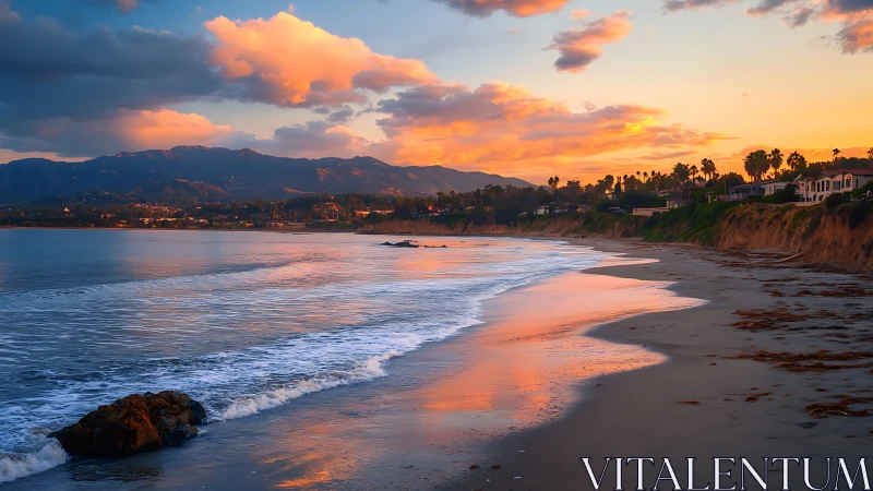 Photorealistic coastal sunset with reflective shoreline composition.