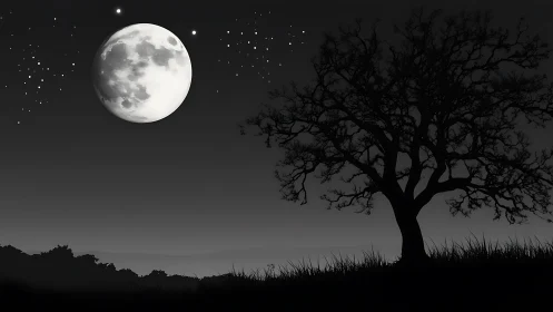 Full moon illuminates lone tree silhouette over quiet field