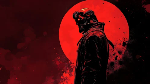 Crimson moon sentinel stalks the shadows in stark profile.