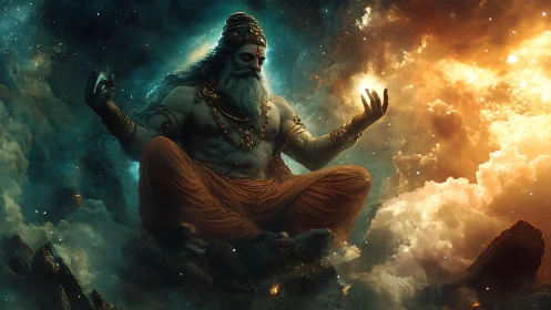 Mythic robed figure levitating in clouds and nebulae.