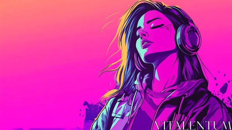 Neon gradient portrait of headphone listener in vector style
