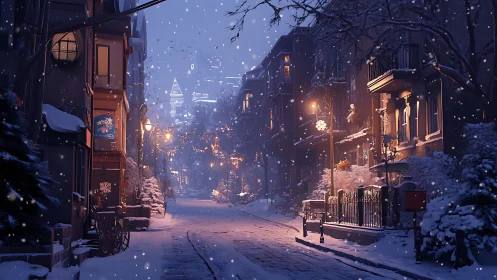 Snowy old town street glowing under warm festive lanterns.