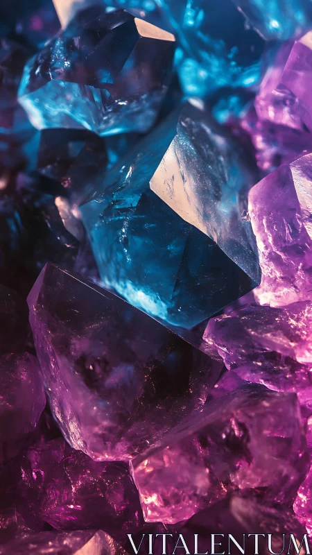Neon crystals glow in electric blue and vivid magenta light.
