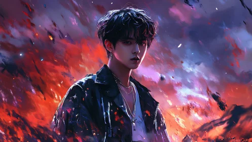 Stormlit youth in molten twilight skies portrait painting.