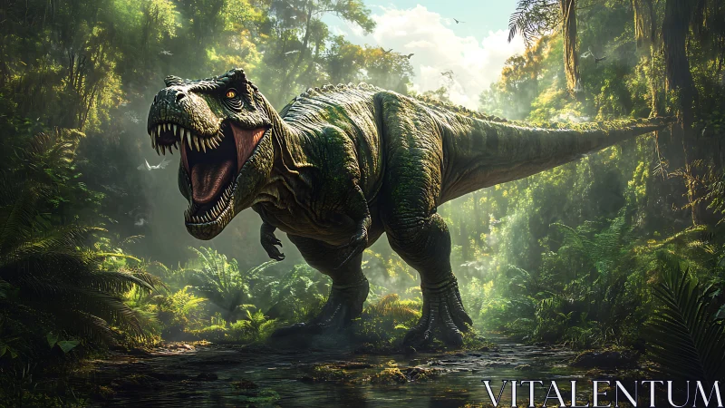 Tyrannosaurus rex stands in dense prehistoric forest clearing