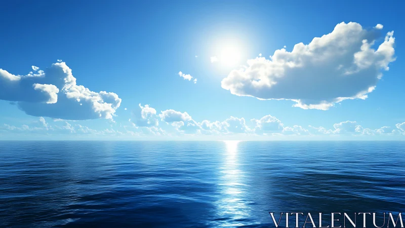 Sunlit clouds align over calm open ocean surface