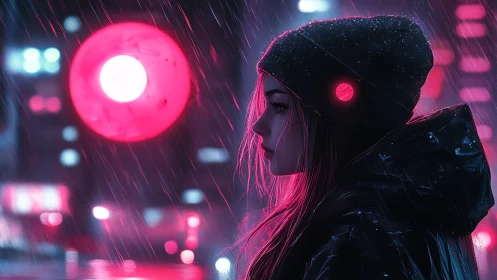 Solitary figure in neon city rain with pink backlight.