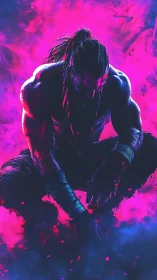 Cyberpunk neon warrior in crouched silhouette composition.