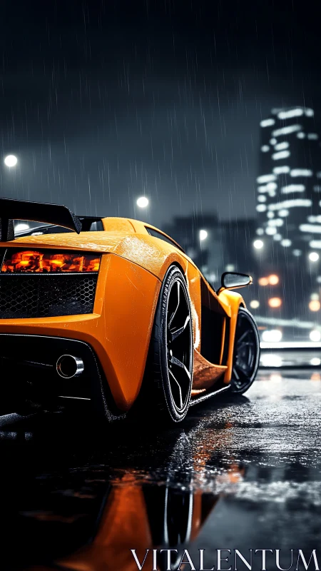 Orange sports car on wet city street in night rainfall.