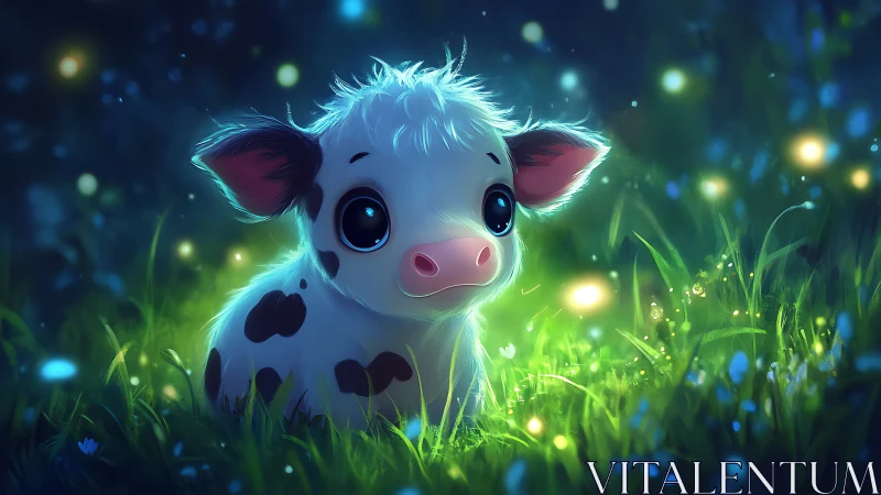 Moonlit baby cow among glowing meadow firefly lanterns.