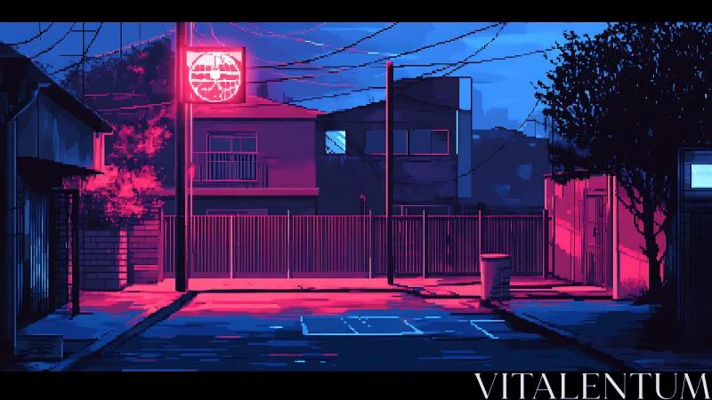Neon twilight sneaks through a quiet pixel-lit backstreet