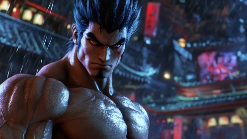 Determined warrior stands strong in a rain soaked neon city.