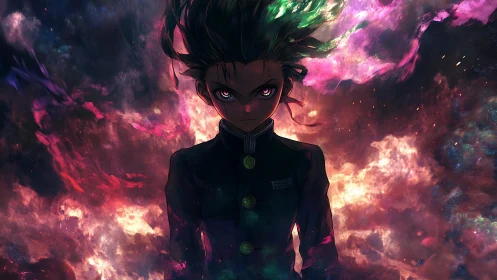 Intense anime boy framed by nebular energy clouds and spectral light