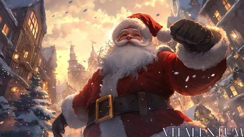 Triumphant Santa Claus in luminous snowy cityscape.