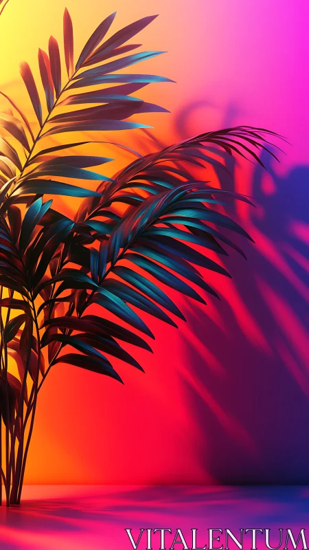 Palm plant stands before gradient wall under colored lighting