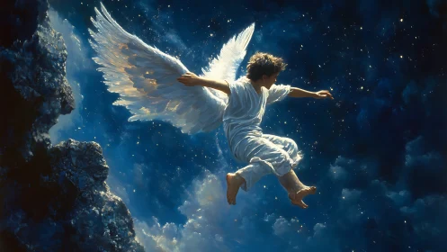 Luminous winged figure glides across celestial night sky