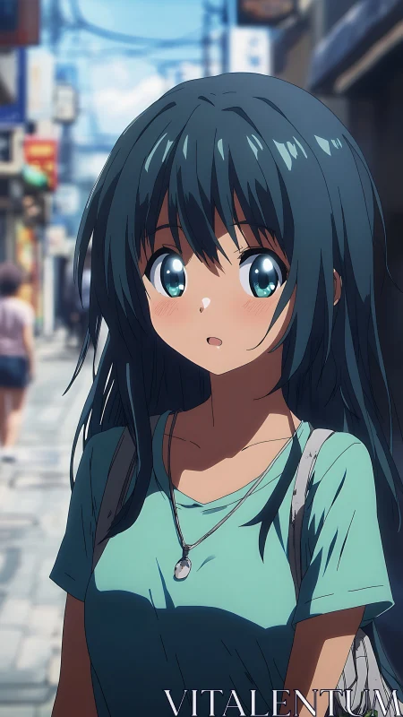 Summer street stroll with surprised blue haired anime girl.