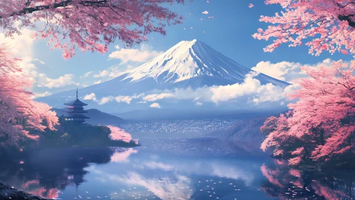 Cherry blossoms quietly crown a dreamy blue Mount Fuji