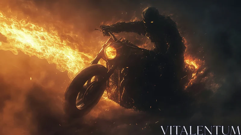 Flaming spectral rider on motorcycle in dense swirling smoke.