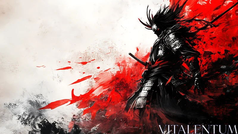 Samurai figure stands in dynamic red and black digital composition