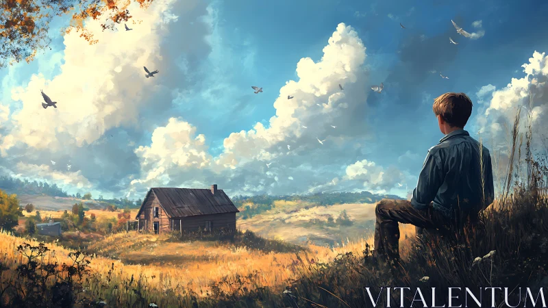 Boy observing rustic farmhouse under expansive sky.