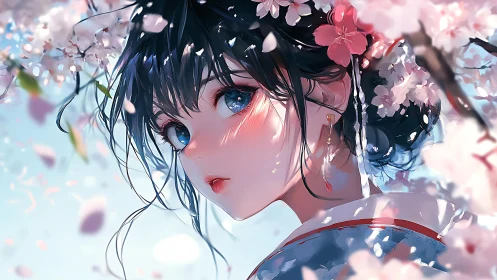 Spring-gazed girl beneath drifting cherry blossoms, softly lit.